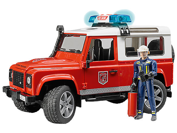 Bruder 2596 - Land Rover Defender Station Wagon Feuerwehr-Einsatzfahrzeug mit Feuerwehrmann inkl. Feuerlöscher