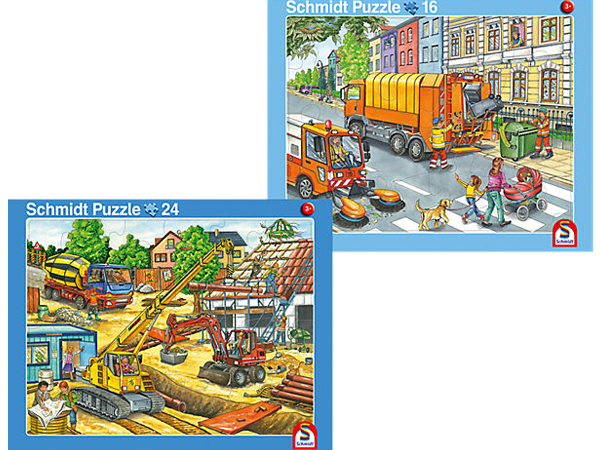 2er-Set Rahmenpuzzle Müllauto und Baustelle 16+24 Teile